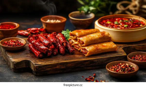 Delicious Asian Fried Spring Rolls and Dried Sausage with Spices
