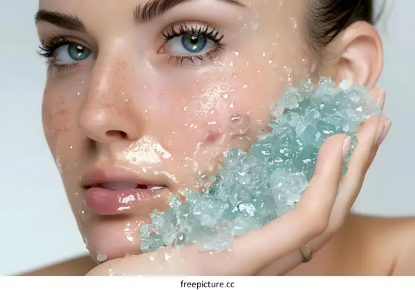 Close up portrait of a beautiful young woman with water drops on her face and holding ice cubes in her hand