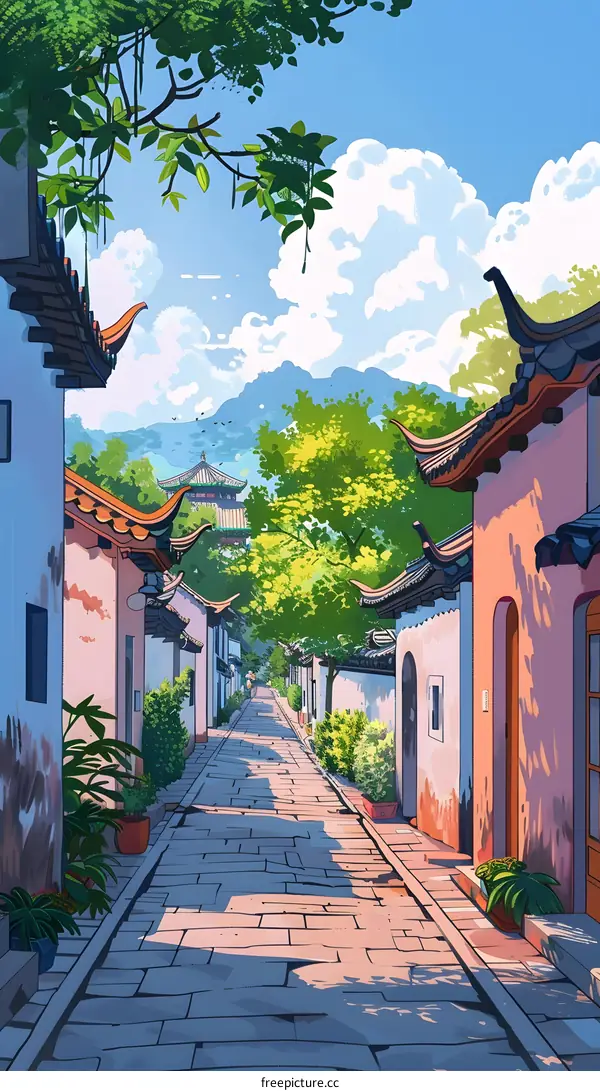 Chinese Style Village Illustration with Stone Pathway and Buildings