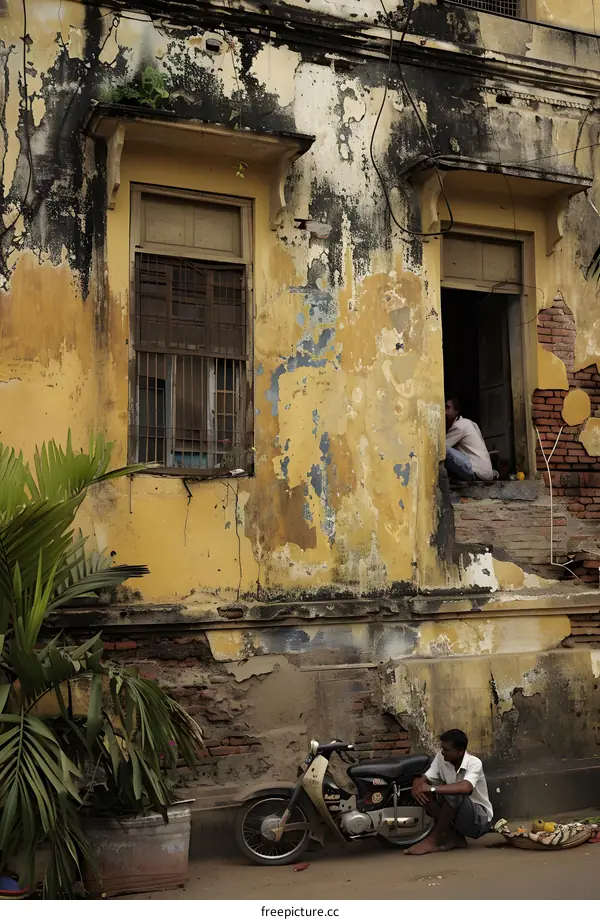 Old Building With Peeling Paint and Man Sitting on Motorcycle