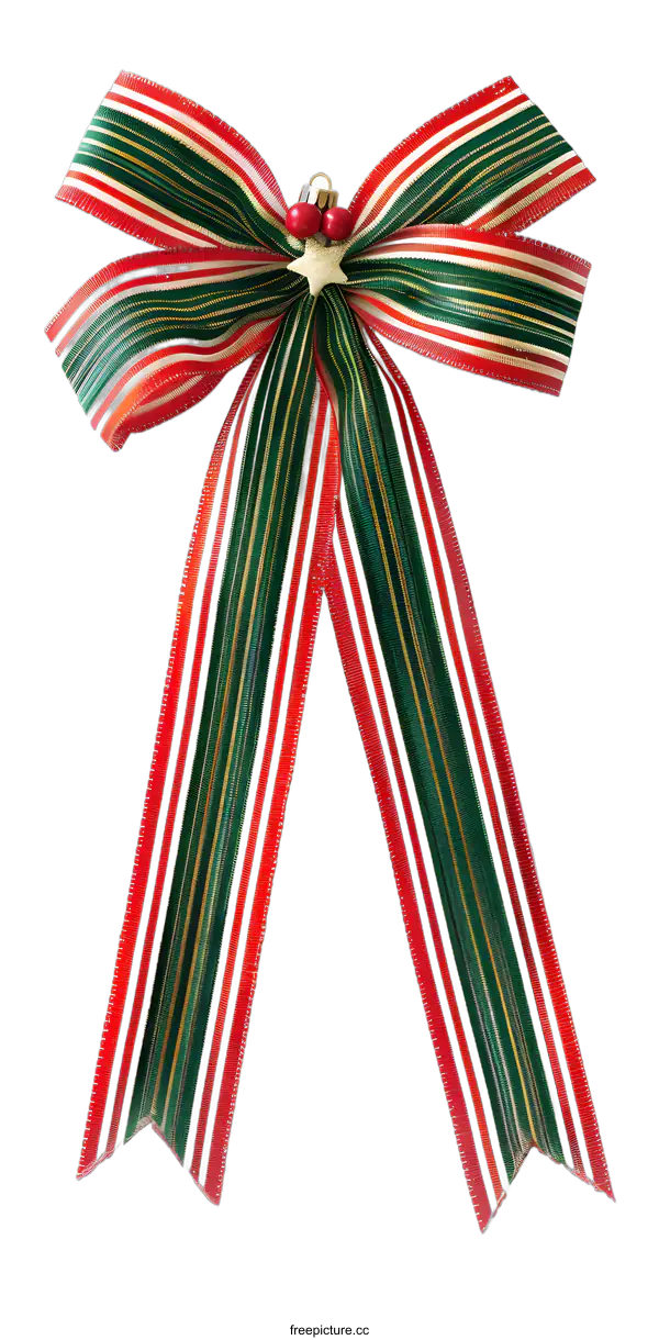 [Transparent Background PNG]Red Green And White Striped Bow With Gold Trim