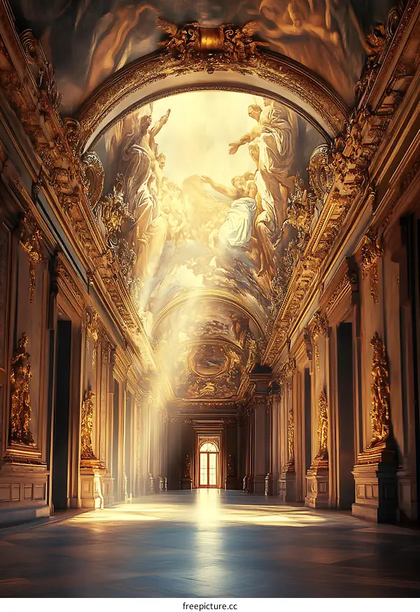 Golden Hallway With Ceiling Painting Of Angels