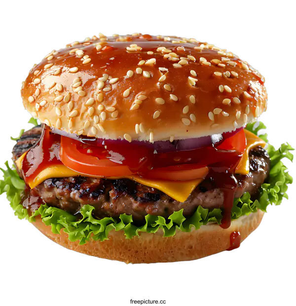 [Transparent Background PNG]Delicious burger with cheese, tomato and onion
