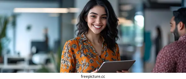 Smiling Woman Holding Digital Tablet In Modern Office