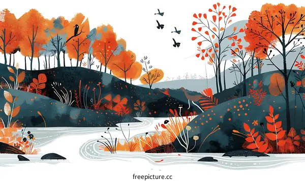 Autumn Landscape Illustration with Birds and Trees