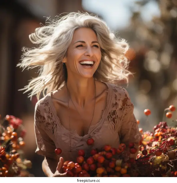 Portrait of a beautiful blonde woman with red berries