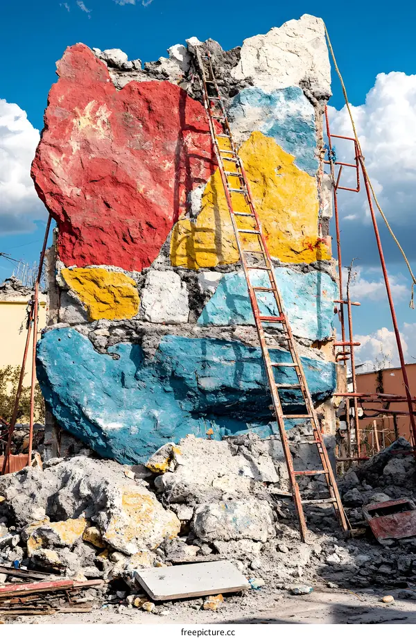 Abstract Colorful Stone Wall With Ladder