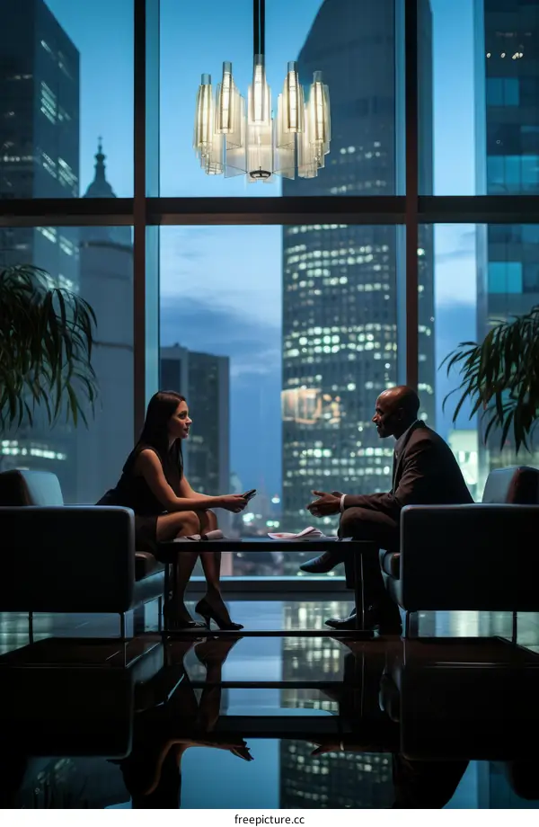 Business meeting in a modern office with a city view at night