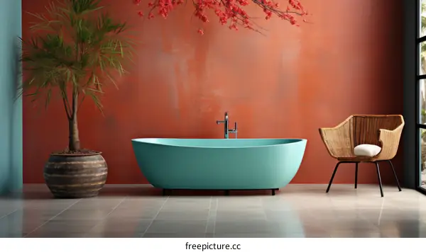 A stylish bathroom with a blue bathtub and a wicker chair