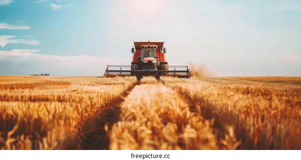 Red Combine Harvester Working In Field