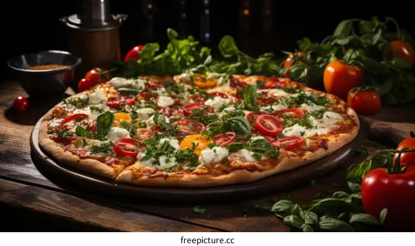 A delicious pizza sits on a table, ready to be eaten