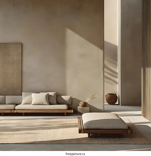 Minimalist Living Room Design With Beige Sofa And Ottoman