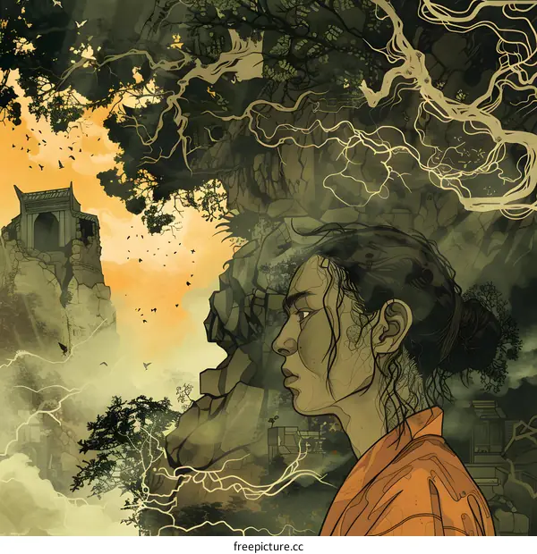 Woman in Orange Robe Gazing at a Mountain Landscape Illustration