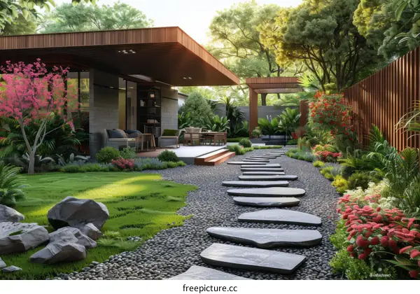 Stepping stones in a Zen garden with a modern house in the background