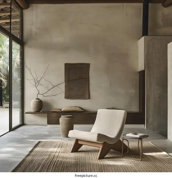 Minimalist Interior Design with Modern Chair and Wooden Coffee Table