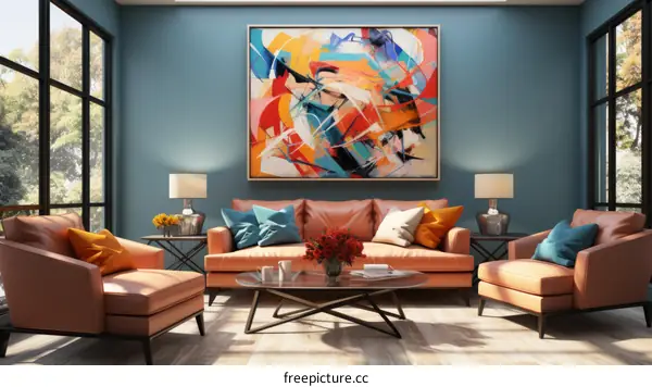 A Stylish Living Room With Abstract Painting