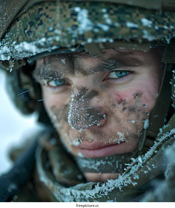 Portrait of a soldier with snow on his face