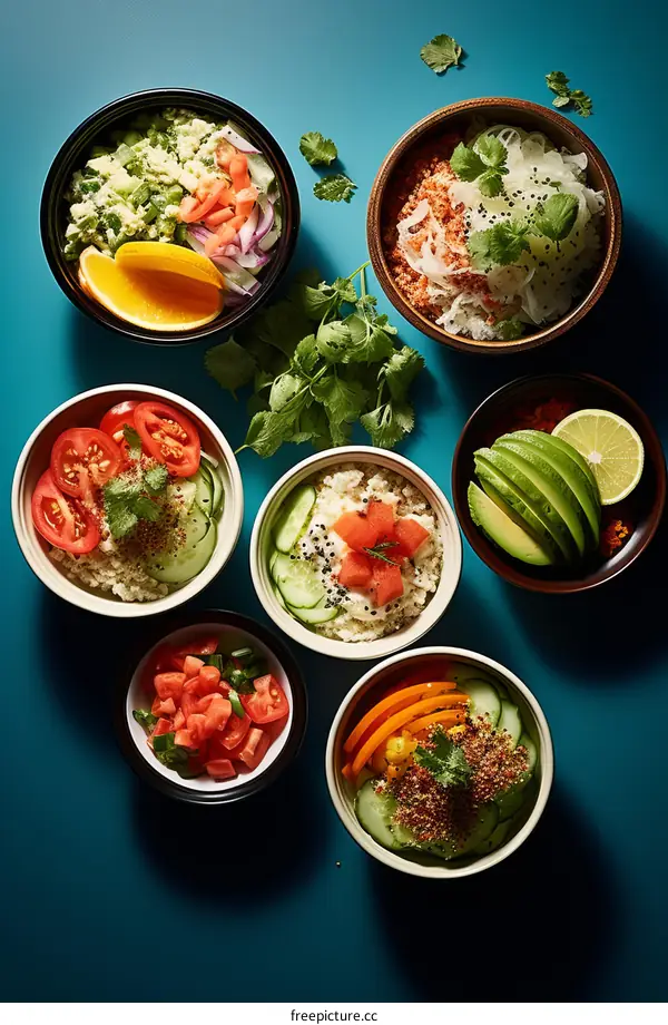 Various bowls of healthy food including grains, vegetables, fruits, and fish