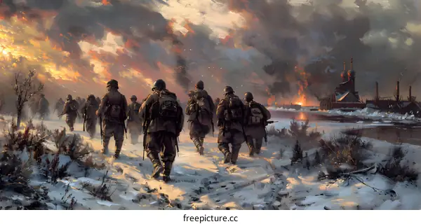 A group of soldiers walking through a snowy field toward a burning city
