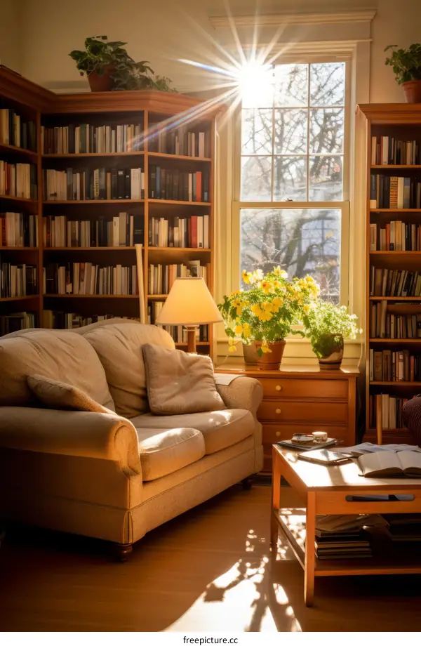 Vintage living room interior with sofa and bookshelves