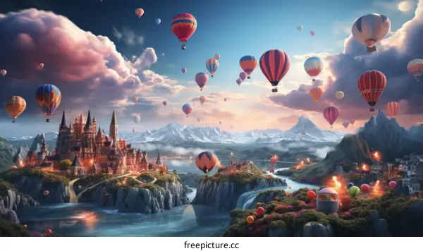 Fantasy castle with hot air balloons