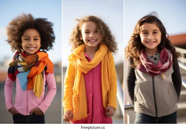Three young girls with curly hair wearing scarves