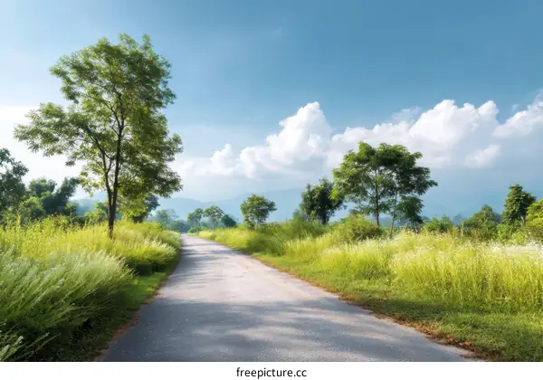 Country Road Through Lush Green Fields Under Sunny Sky