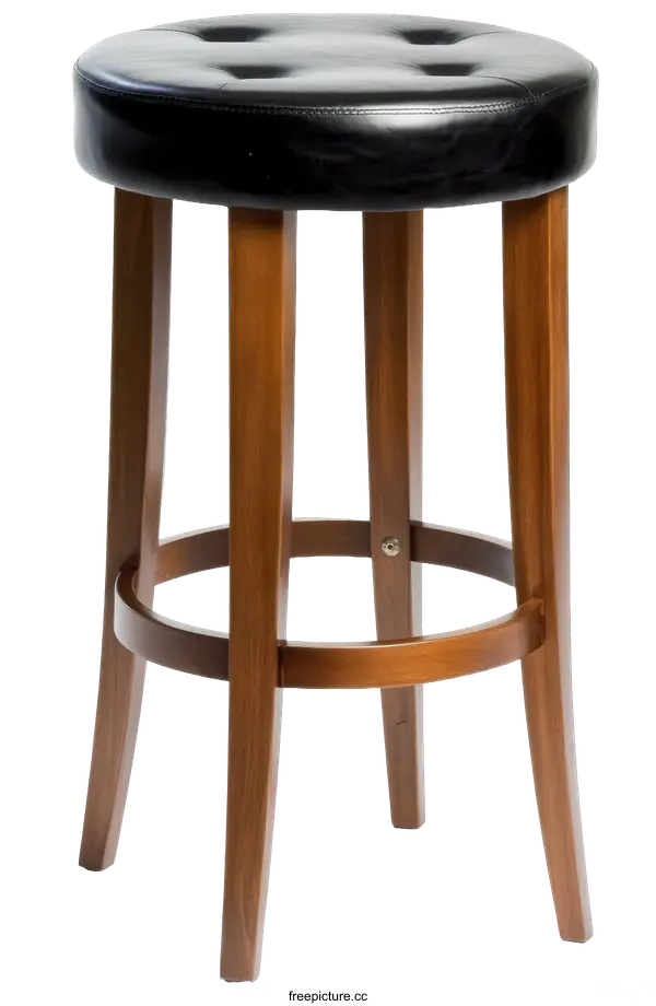 [Transparent Background PNG]Modern Wooden Bar Stool with Black Leather Seat