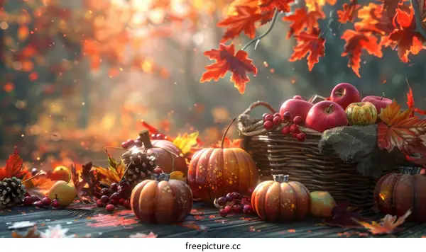 Autumn Harvest Still Life with Pumpkins, Gourds, Apples, Pears, and Grapes