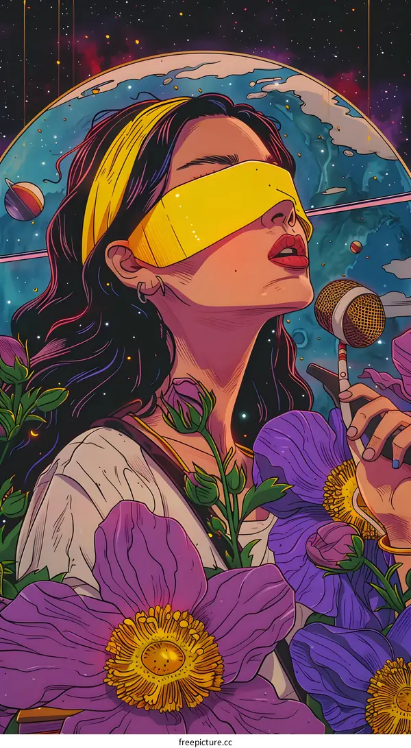 Cosmic Serenade: A Woman with Flowers and Microphone