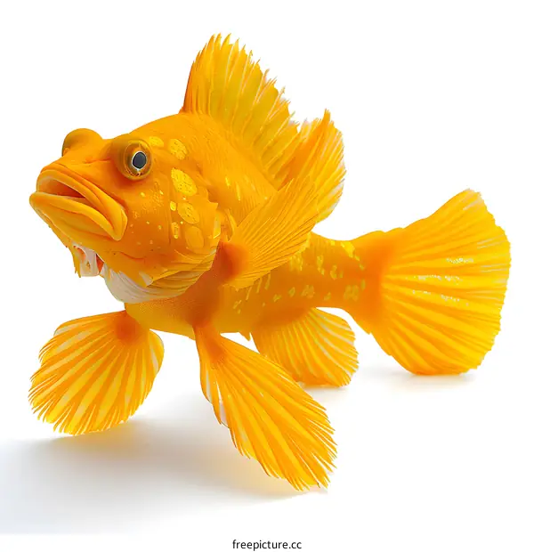 A 3D rendering of a yellow fish with white fins and black eyes