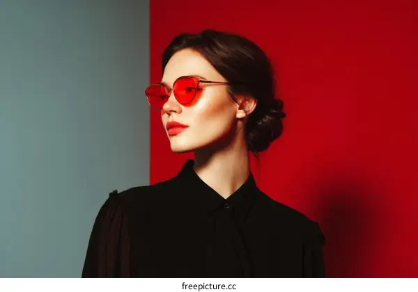 Stylish Woman in Red Sunglasses against a Red and Gray Background
