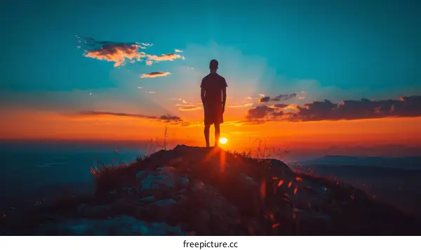 Man standing on a mountaintop watching the sunset