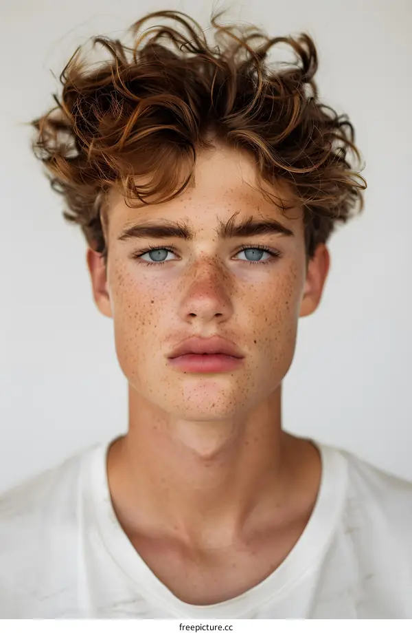 Portrait of a young male model with freckles and blue eyes