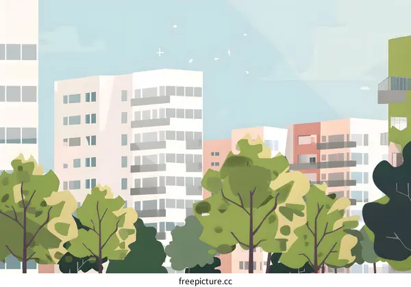 Modern Apartment Buildings in Green Cityscape Illustration