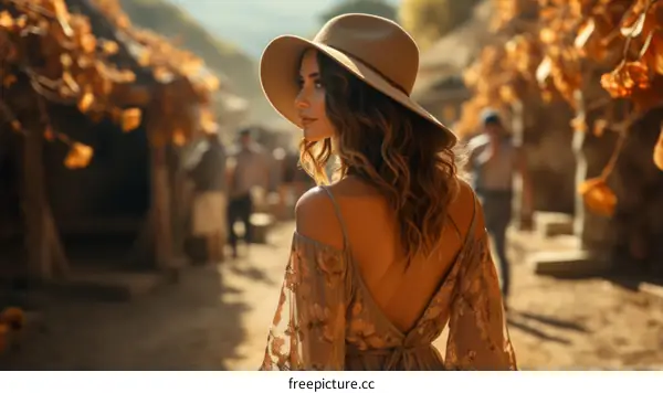 A young woman wearing a hat and a dress is walking down a street