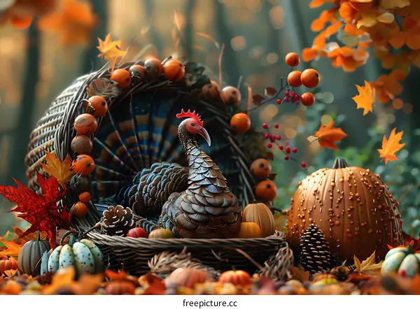 Thanksgiving turkey in a basket with pumpkins and gourds