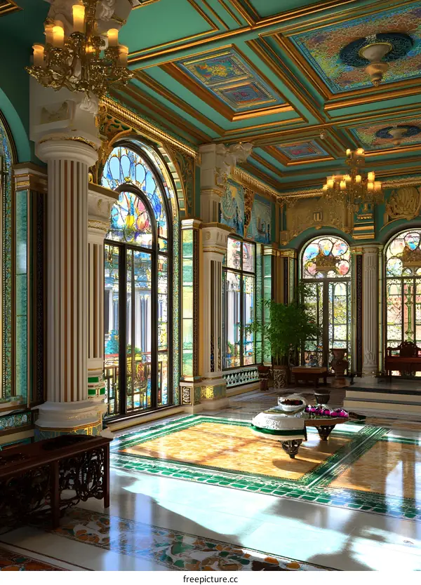 Stained Glass Windows in a Grand Palace Hall