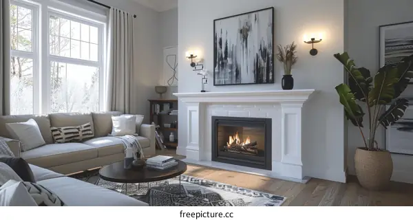 Cozy and Modern Living Room with Fireplace and Large Window