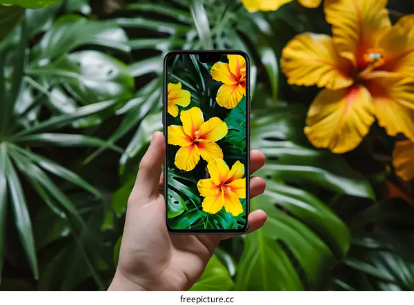 Hand Holding Smartphone with Flower Background