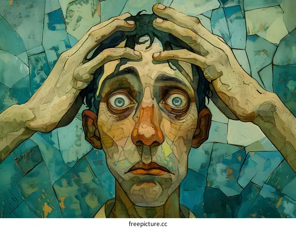 Man with Wide Eyes Holding His Head in His Hands Against a Blue Background