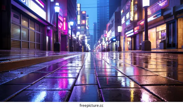 City street with colorful neon lights reflecting off wet pavement at night