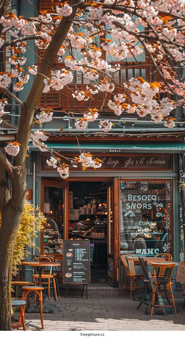 European-style cafes with pink cherry blossoms