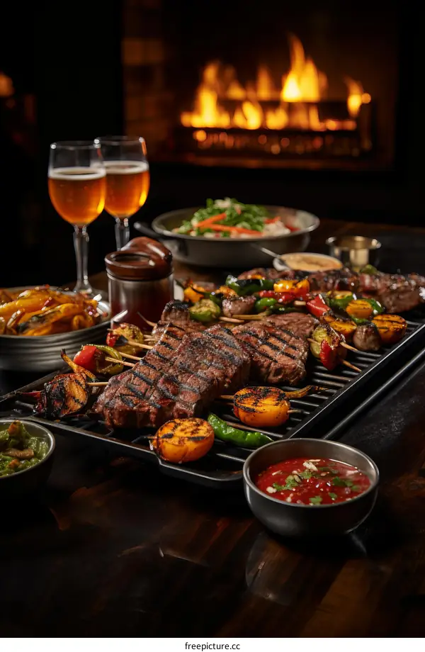 A delicious and healthy meal of grilled steak, vegetables, and fruit