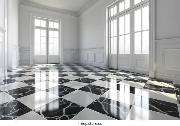 White Room With Checkerboard Floor And Two Windows