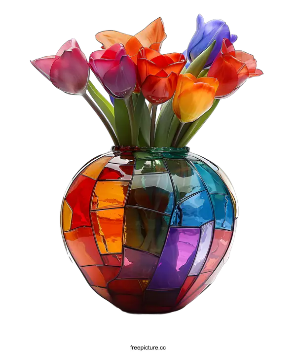 [Transparent Background PNG]A beautiful bouquet of tulips in a rainbow vase
