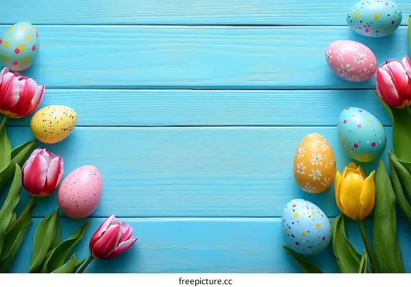 Easter Decor on a Light Blue Wooden Background