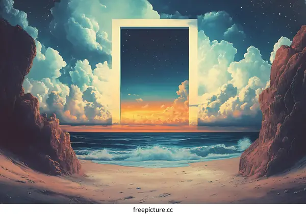 Digital Art Painting Of A Beach With A Sunset And A Starry Sky In A Frame