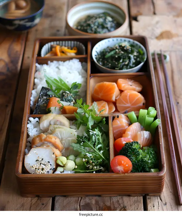 Japanese Bento Box with Salmon, Vegetables and Rice