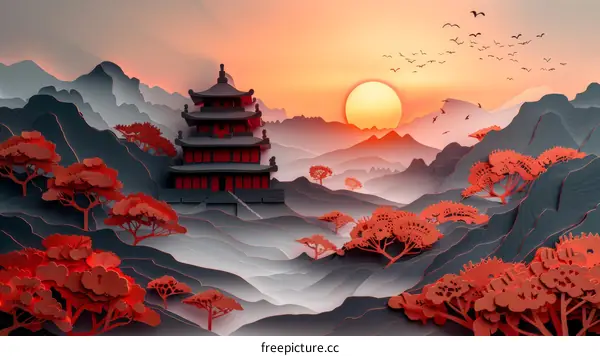 Red Black Pagoda on Mountain at Sunset